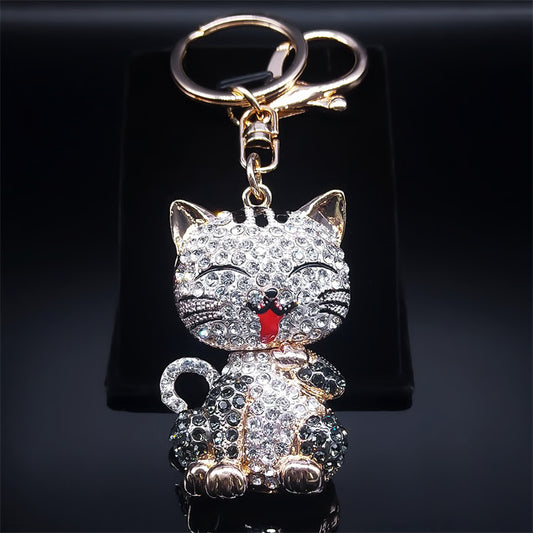 Cute Cartoon Cat Rhinestone Keychain Fashion Jewelry Gift for Women