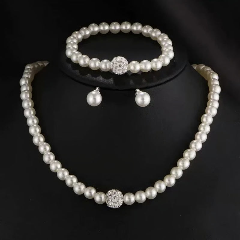 Elegant Bridal Pearl Jewelry Set – Crystal Fireball Imitation Pearl Necklace Set with Bracelet & Stud Earrings
