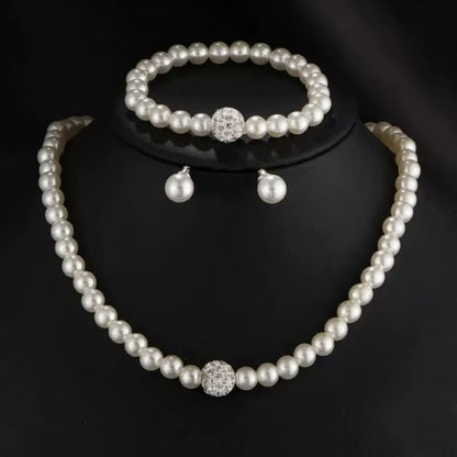 Elegant Bridal Pearl Jewelry Set – Crystal Fireball Imitation Pearl Necklace Set with Bracelet & Stud Earrings