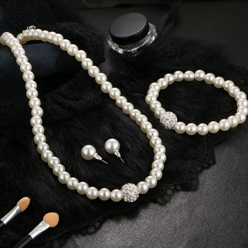 Elegant Bridal Pearl Jewelry Set – Crystal Fireball Imitation Pearl Necklace Set with Bracelet & Stud Earrings