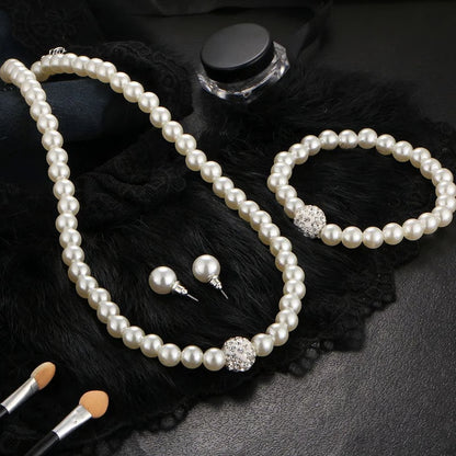 Elegant Bridal Pearl Jewelry Set – Crystal Fireball Imitation Pearl Necklace Set with Bracelet & Stud Earrings
