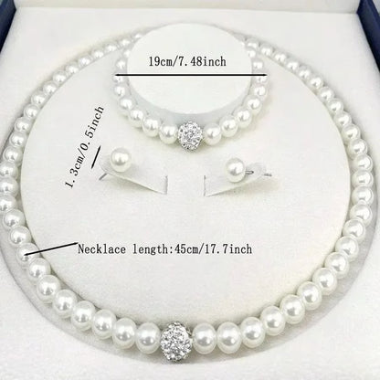 Elegant Bridal Pearl Jewelry Set – Crystal Fireball Imitation Pearl Necklace Set with Bracelet & Stud Earrings