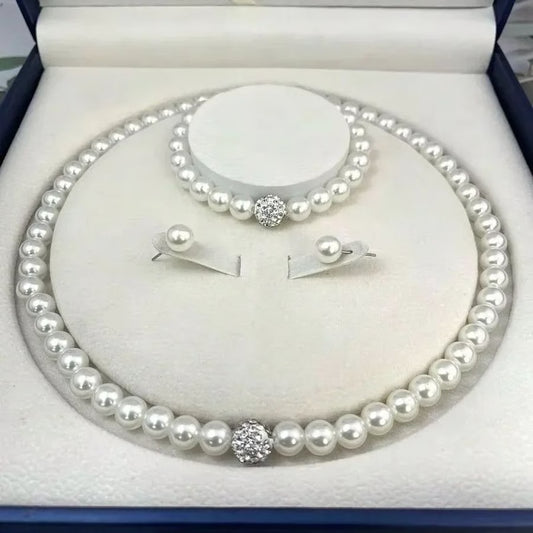 Elegant Bridal Pearl Jewelry Set – Crystal Fireball Imitation Pearl Necklace Set with Bracelet & Stud Earrings