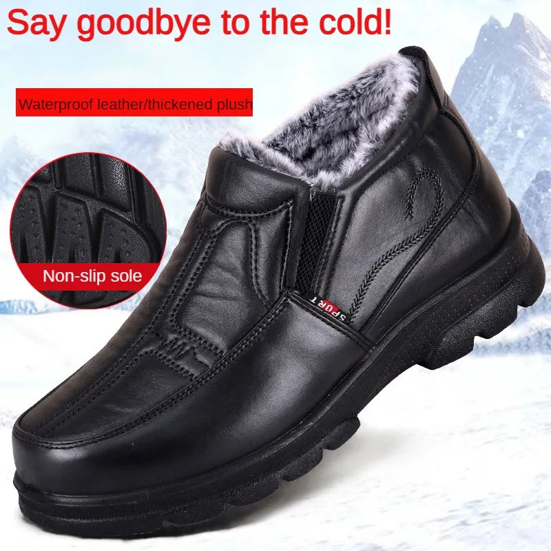 Mens Winter Fashion Shoes, Non-slip Cotton Shoes, Thickened Leather Waterproof Casual Snow Boots for Men