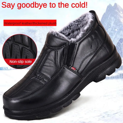 Mens Winter Fashion Shoes, Non-slip Cotton Shoes, Thickened Leather Waterproof Casual Snow Boots for Men