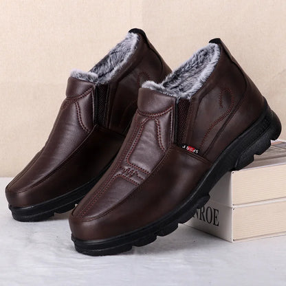 Mens Winter Fashion Shoes, Non-slip Cotton Shoes, Thickened Leather Waterproof Casual Snow Boots for Men
