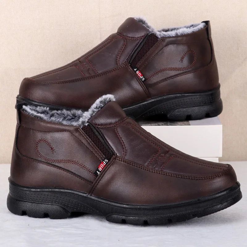 Mens Winter Fashion Shoes, Non-slip Cotton Shoes, Thickened Leather Waterproof Casual Snow Boots for Men