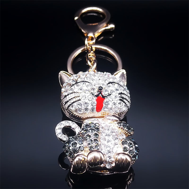 Cute Cartoon Cat Rhinestone Keychain Fashion Jewelry Gift for Women