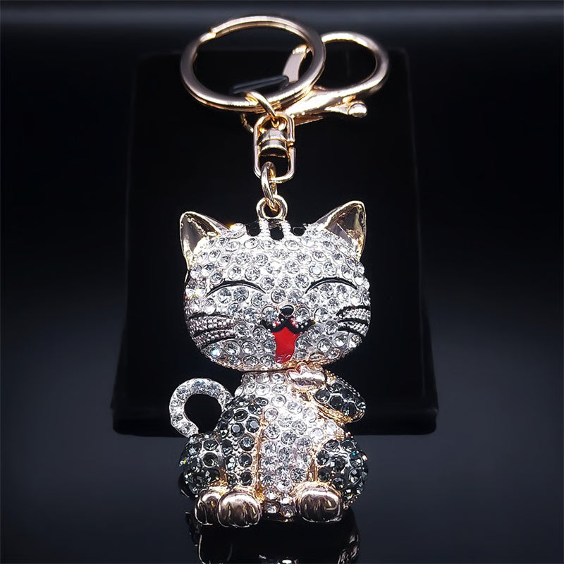 Cute Cartoon Cat Rhinestone Keychain Fashion Jewelry Gift for Women