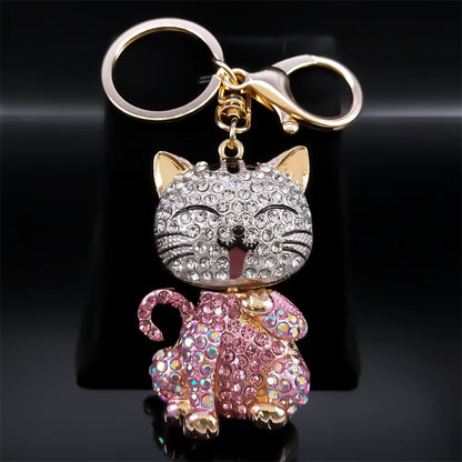 Cute Cartoon Cat Rhinestone Keychain Fashion Jewelry Gift for Women