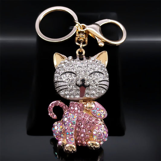 Cute Cartoon Cat Rhinestone Keychain Fashion Jewelry Gift for Women