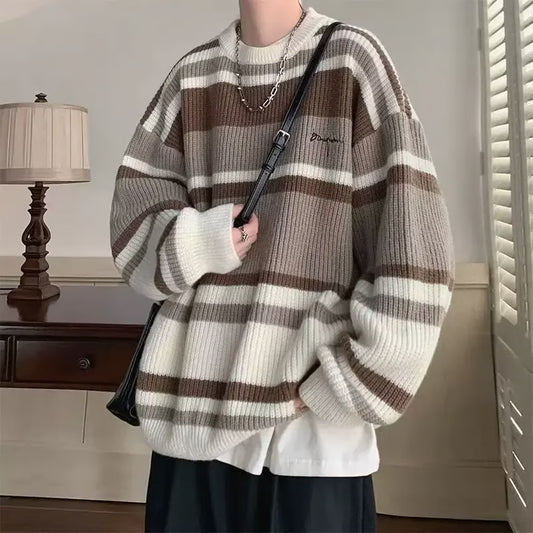 Vintage Idle Style Sweater, Color Block Striped Knitted Top, Niche Outerwear for Men, Autumn Winter Design