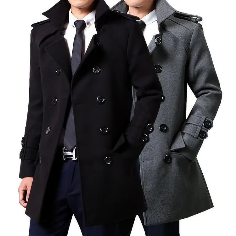 Mens Winter Woolen Trench Coat, British Style Double Breasted Slimming Overcoat, Medium Length