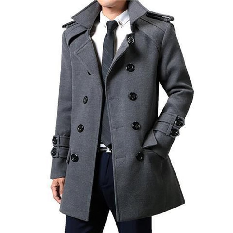 Mens Winter Woolen Trench Coat, British Style Double Breasted Slimming Overcoat, Medium Length