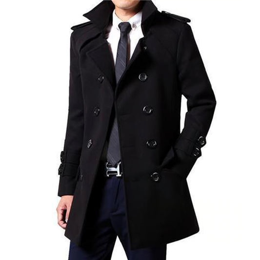 Mens Winter Woolen Trench Coat, British Style Double Breasted Slimming Overcoat, Medium Length