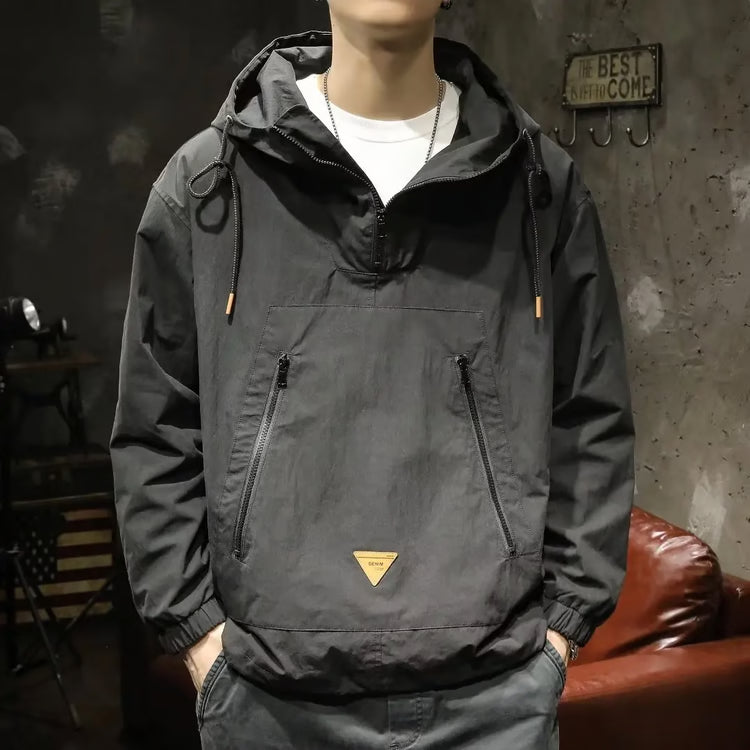 Men's Outdoor Workwear Jacket, Japanese Style Hooded Punching Clothes, Loose Fit Casual Half Zipper, Spring Autumn Coat