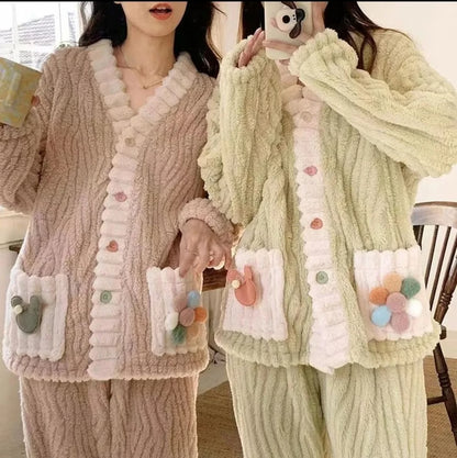 Women Winter Thick Flannel Cardigan Pajama Set