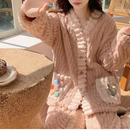 Women Winter Thick Flannel Cardigan Pajama Set