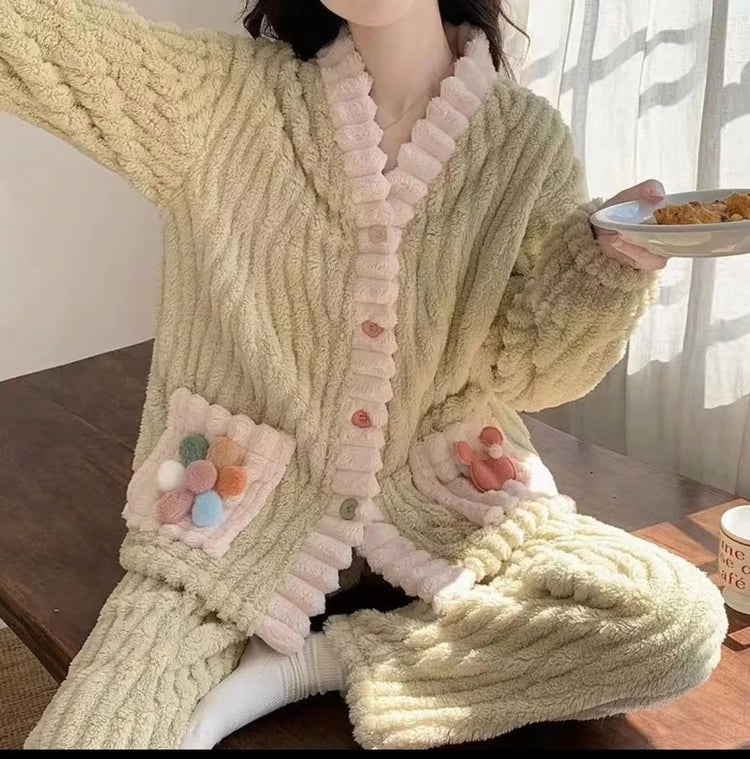 Women Winter Thick Flannel Cardigan Pajama Set
