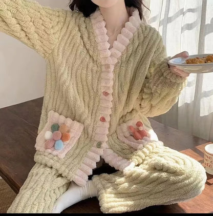 Women Winter Thick Flannel Cardigan Pajama Set