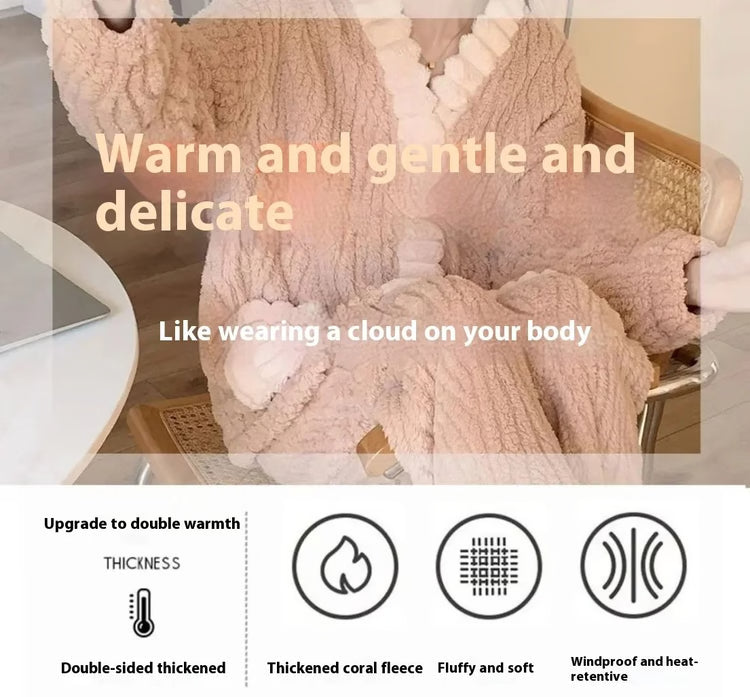 Women Winter Thick Flannel Cardigan Pajama Set