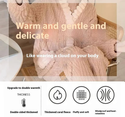 Women Winter Thick Flannel Cardigan Pajama Set