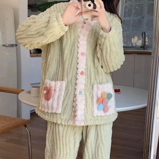 Women Winter Thick Flannel Cardigan Pajama Set