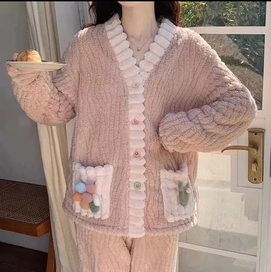 Women Winter Thick Flannel Cardigan Pajama Set
