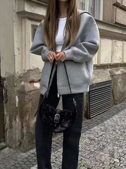 Winter Womens Oversized Hoodie Coat, High Street Zipper Jacket, Loose Fit Sweatshirt with Double Pockets, Outerwear Top