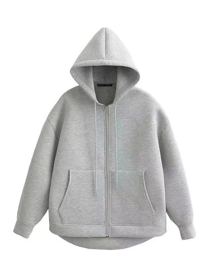 Winter Womens Oversized Hoodie Coat, High Street Zipper Jacket, Loose Fit Sweatshirt with Double Pockets, Outerwear Top