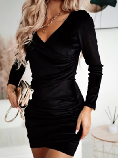 Women Velvet Bodycon Mini Dress, Lady Solid Color V Neck Long Sleeved Party Dress for Autumn Winter