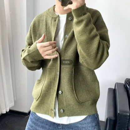 Men's Knitted Cardigan Sweater, Casual Pure Color, Versatile Autumn Winter Coat, Youth Lazy Fashion Style