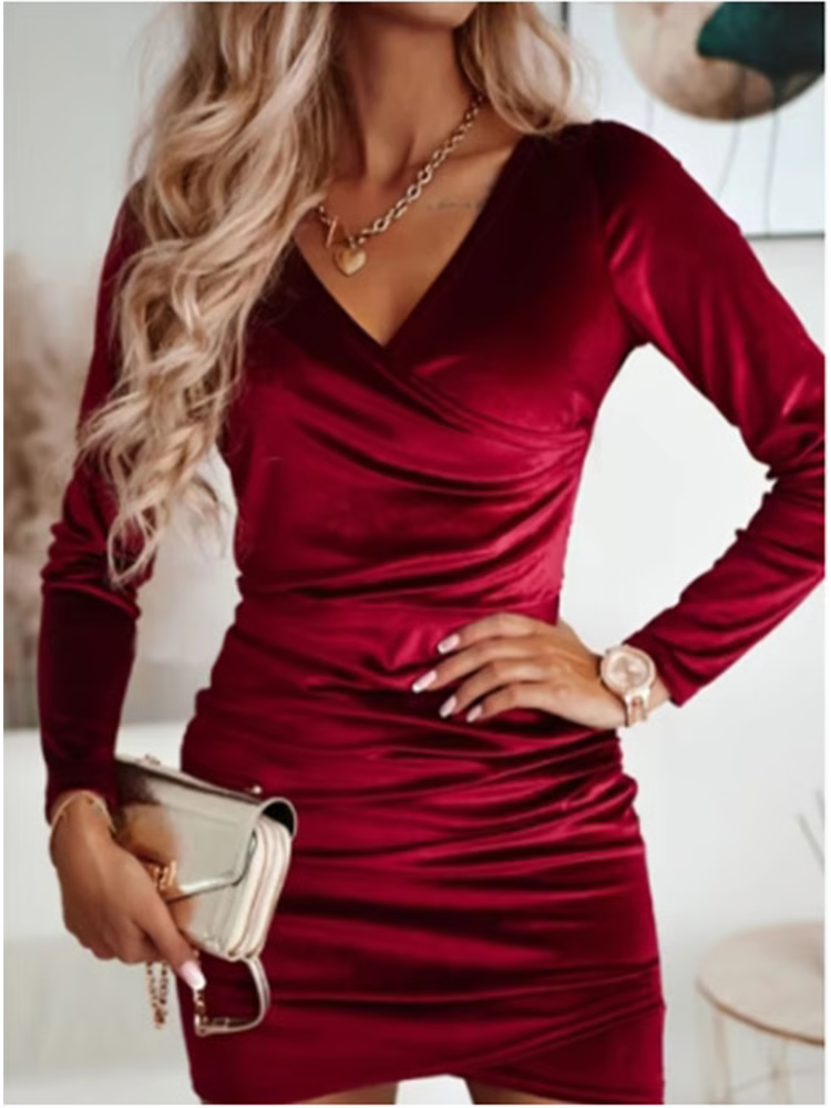 Women Velvet Bodycon Mini Dress, Lady Solid Color V Neck Long Sleeved Party Dress for Autumn Winter