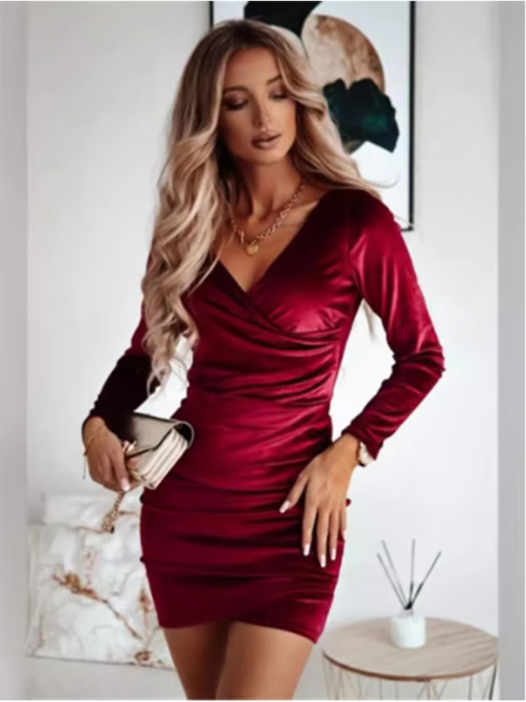 Women Velvet Bodycon Mini Dress, Lady Solid Color V Neck Long Sleeved Party Dress for Autumn Winter