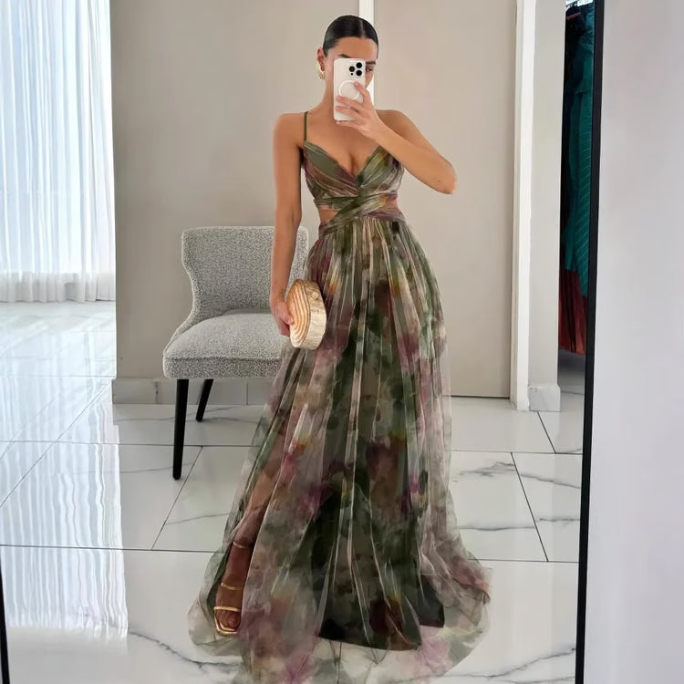 Summer Spring Off-Shoulder Lace Print Halter Dress Casual Party Holiday Dress V-Neck Floor-Length Polyester Fiber Dress