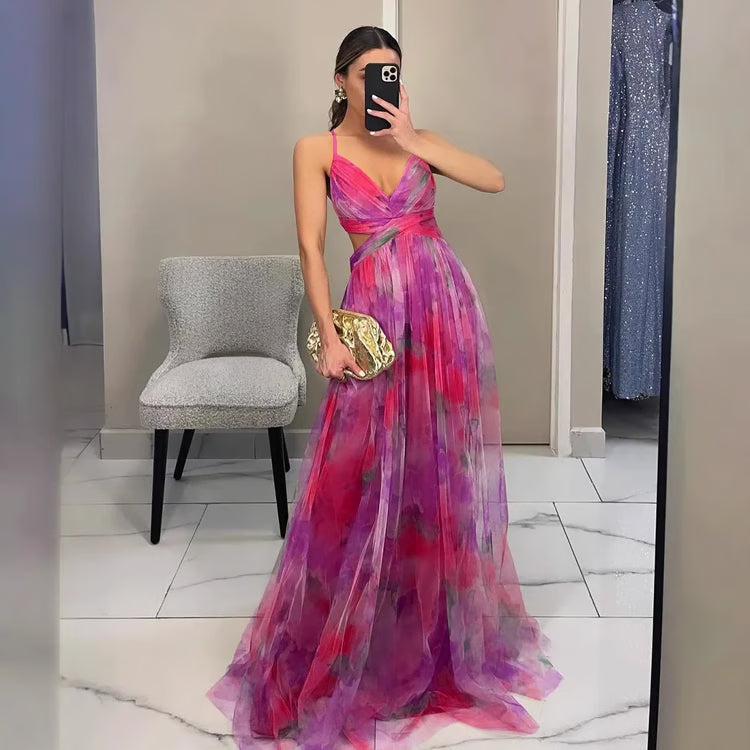 Summer Spring Off-Shoulder Lace Print Halter Dress Casual Party Holiday Dress V-Neck Floor-Length Polyester Fiber Dress