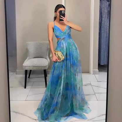 Summer Spring Off-Shoulder Lace Print Halter Dress Casual Party Holiday Dress V-Neck Floor-Length Polyester Fiber Dress
