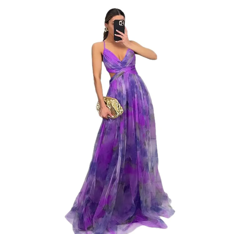 Summer Spring Off-Shoulder Lace Print Halter Dress Casual Party Holiday Dress V-Neck Floor-Length Polyester Fiber Dress