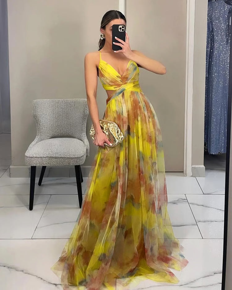 Summer Spring Off-Shoulder Lace Print Halter Dress Casual Party Holiday Dress V-Neck Floor-Length Polyester Fiber Dress