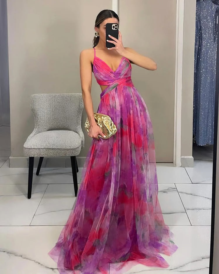 Summer Spring Off-Shoulder Lace Print Halter Dress Casual Party Holiday Dress V-Neck Floor-Length Polyester Fiber Dress