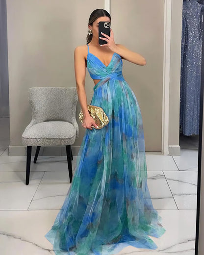 Summer Spring Off-Shoulder Lace Print Halter Dress Casual Party Holiday Dress V-Neck Floor-Length Polyester Fiber Dress