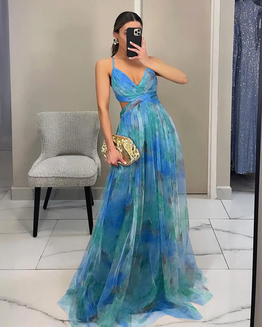 Summer Spring Off-Shoulder Lace Print Halter Dress Casual Party Holiday Dress V-Neck Floor-Length Polyester Fiber Dress